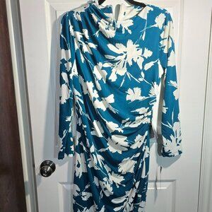 Women's 3/4 sleeve, teal floral dress, zipper back, tags attached, 12
